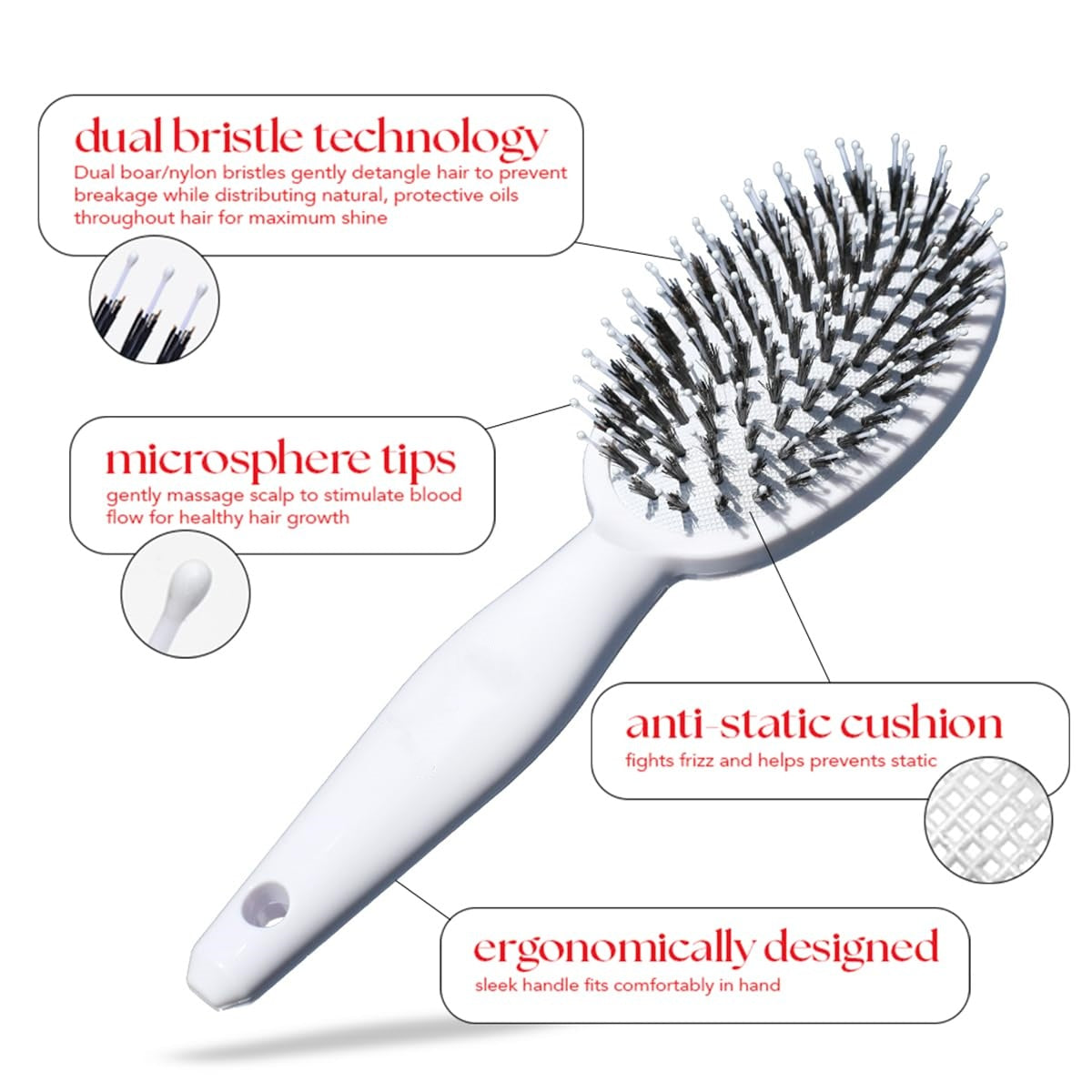 Boar Bristle Brush with Nylon Bristles and Microsphere Massaging Tips
